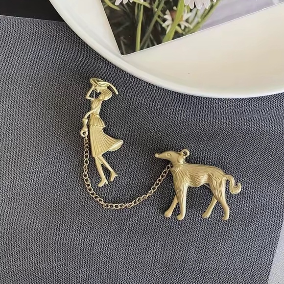 Anthropologie Pet Love Luxury Brooch Gold Dog and Lady Brooch - Picture 2 of 5